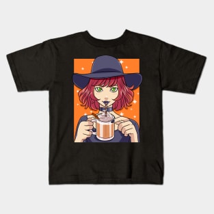 Pumpkin Spice Latte Witch Halloween Coffee Lover Kids T-Shirt